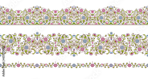 Vector seamless borders in Eastern style on white background. Ornate element for design. Place for text. Ornament for wedding invitations, birthday and greeting cards. Floral spring oriental decor.