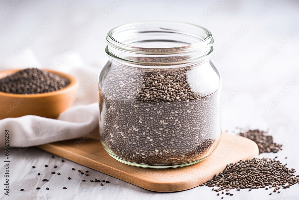 pile of chia seeds in a clear jar pile of chia seeds in a clear jar