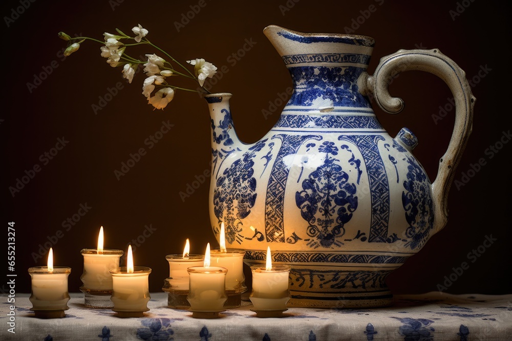 an oil jug surrounded by hanukkah candles