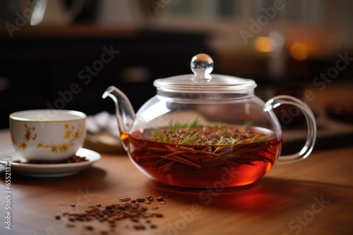 a teapot with loose-leaf rooibos tea on a table