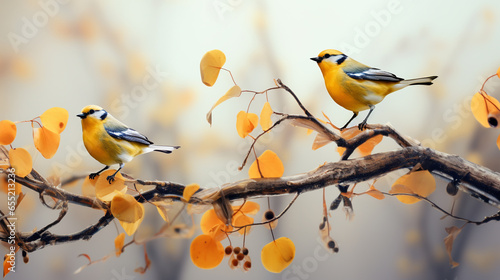 two small yellowish birds are sitting on an autumn branch with few leaves photo