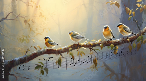 four small yellowish birds are sitting on an autumn branch, notes are drawn below them, symbolizing their singing © MYKHAILO KUSHEI