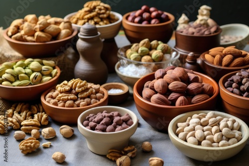 different types of nuts in small ceramic bowls