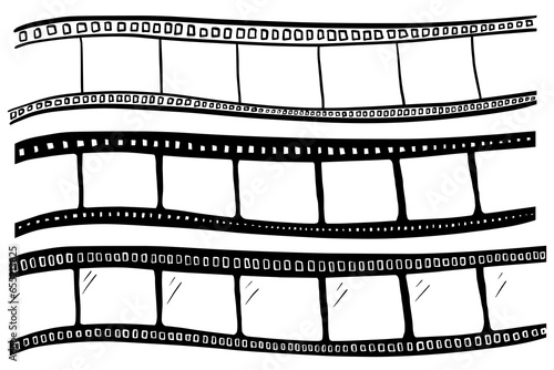 Set of film strips in doodle style. Cinema and photo, cinema tape, photo frame, cinema film tape roll 35 mm, blank slide frames. Old retro film strip frame. Vector illustration EPS10 
