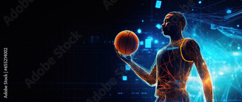 glowing blue rays, lines , banner African-american young basketball player with basketball ball over dark background, sport, movement, energy and dynamic, healthy lifestyle, coopyspace. photo