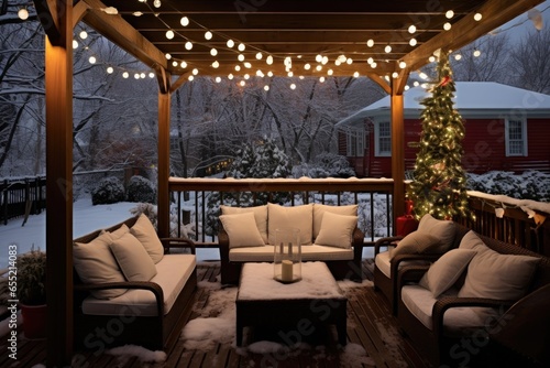 snow-covered outdoor patio furniture under clear strand lights