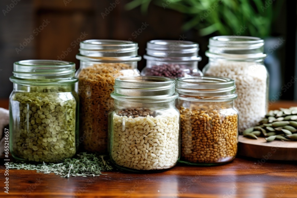 recycled glass jars filled with lentils and rice recycled glass jars filled with lentils and rice