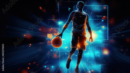 glowing blue rays, lines , banner African-american young basketball player with basketball ball over dark background, sport, movement, energy and dynamic, healthy lifestyle, coopyspace. photo