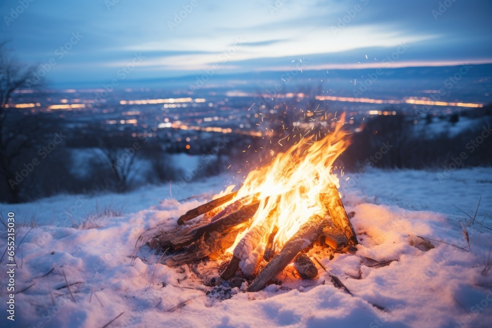 Fototapeta premium a bonfire burning brightly on a snowy hill
