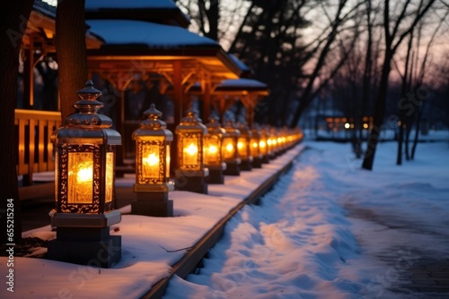 outdoor winter lanterns glowing in the twilight © Alfazet Chronicles