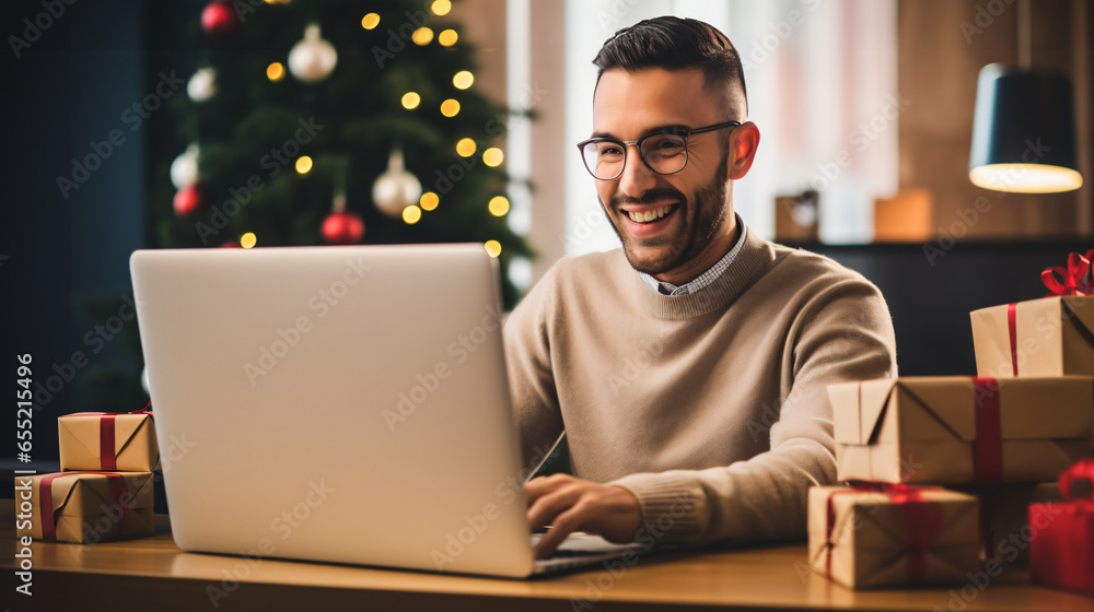 Happy man doing online shopping on laptop paying with credit card while sitting in home office - obrazy, fototapety, plakaty 