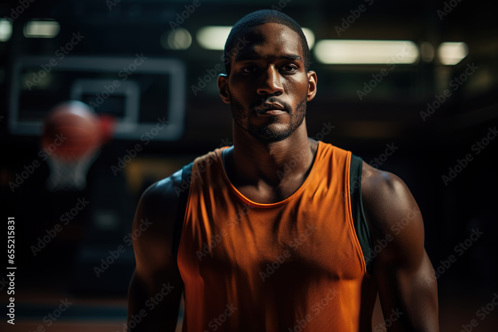 Portrait African-american young basketball player over dark background, sport, movement, energy and dynamic, healthy lifestyle