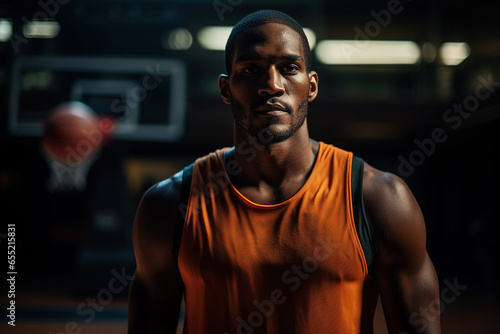 Portrait African-american young basketball player over dark background, sport, movement, energy and dynamic, healthy lifestyle