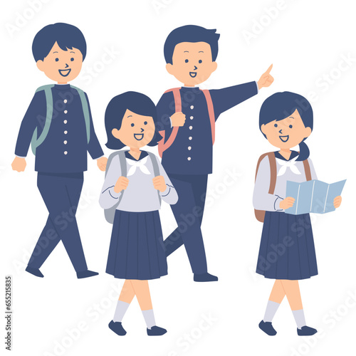 修学旅行中の学生グループのイラスト
