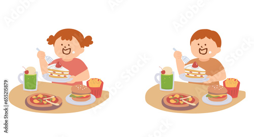 不健康な食事をするふくよかな子供のイラスト