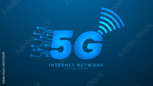 5G internet network. Communication networks and High speed telecommunication. Vector illustration with light effect and neon