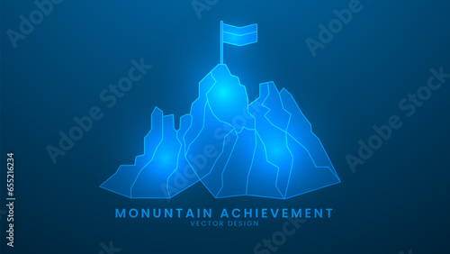 Monuntain achievement to mission. career achievement and success goals. Vector illustration with light effect and neon photo