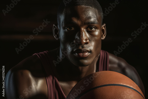 Portrait African-american young basketball player over dark background, sport, movement, energy and dynamic, healthy lifestyle © Jim1786