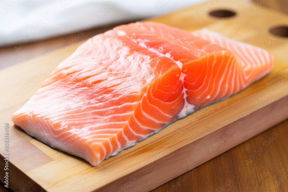 close-up of a salmon fillet on a wooden board close-up of a salmon fillet on a wooden board