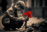 a sad boy with flowers. on his knees. retro vintage noir. farewell, saying goodbye. peace concept. no more war.