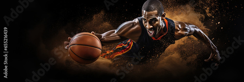 African-american young basketball player in action and motion in flashlights over black background, sport, movement, energy and dynamic, healthy lifestyle, copyspace. © Jim1786