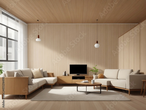 Beige corner sofa against wooden paneling wall, interior design of a modern living room