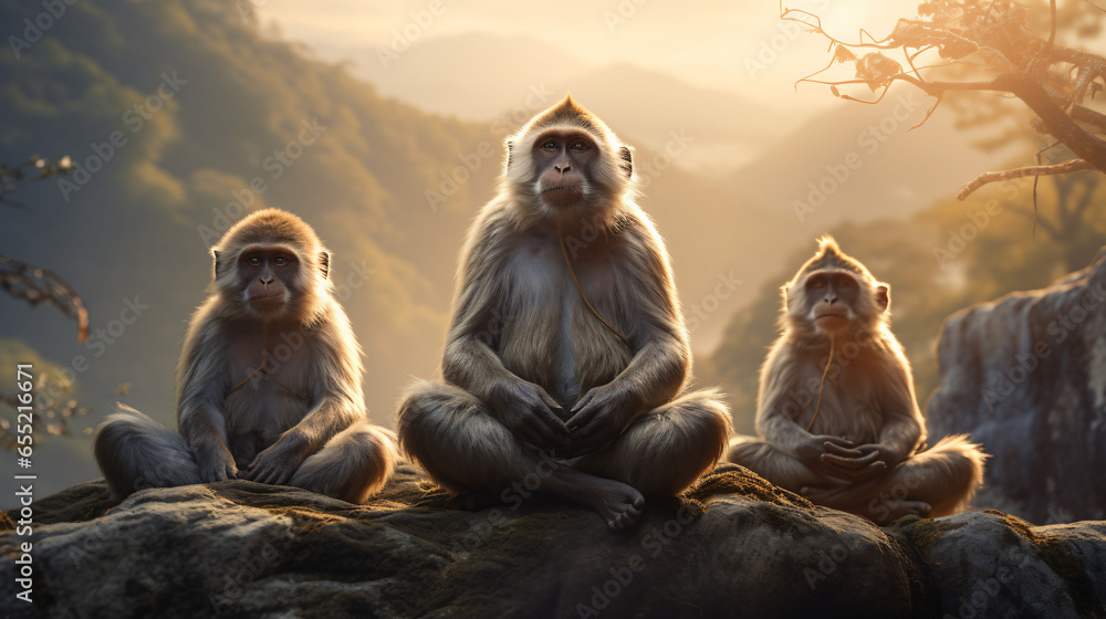 Obraz premium Monkeys doing yoga pose in orange and white coats in nature and in wooden buildings