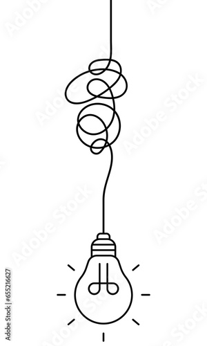Light bulb on tangled electric wire on white background