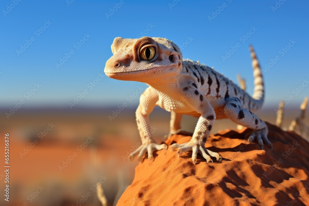 Fototapeta premium defensive posture of a gecko against desert background