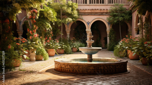 A Mediterranean-style courtyard with a fountain, terracotta tiles, and lush greenery