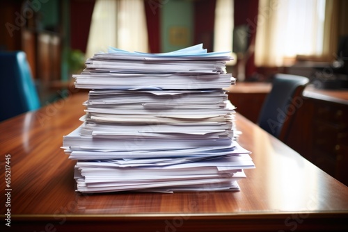 close-up of stacked paper documents on a desk