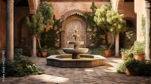 A Mediterranean-style courtyard with a fountain, terracotta tiles, and lush greenery © Textures & Patterns