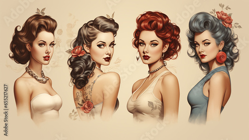 Set of vintage pin-up girls for apparel, logos, posters, and many other uses, Generative AI.