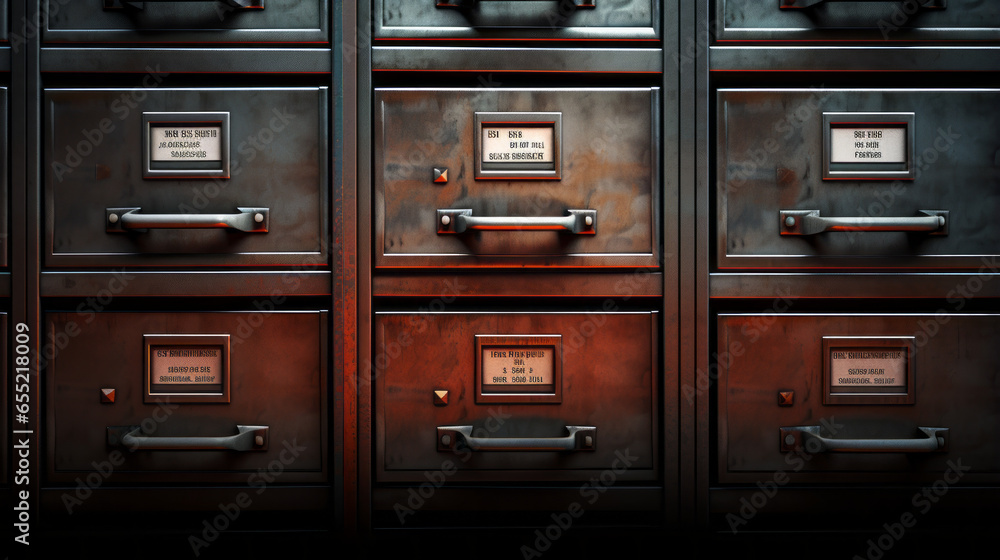 A metal filing cabinet with drawers full of documents - obrazy, fototapety, plakaty 