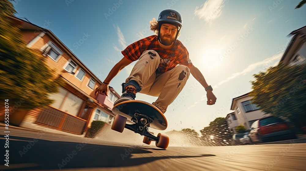 a man on a skateboard on the street - obrazy, fototapety, plakaty 