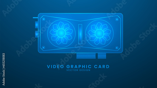 Computer card GPU. Video Graphic Card. Vector illustration with light effect and neon