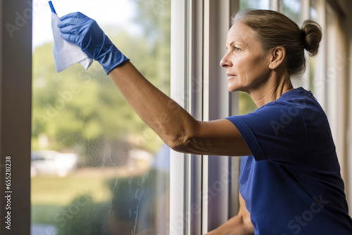 woman in gloves cleaning window with rag and cleanser spray at home, housework, housekeeping concept © zamuruev