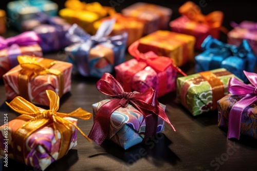 close-up of a variety of wrapped mini gifts