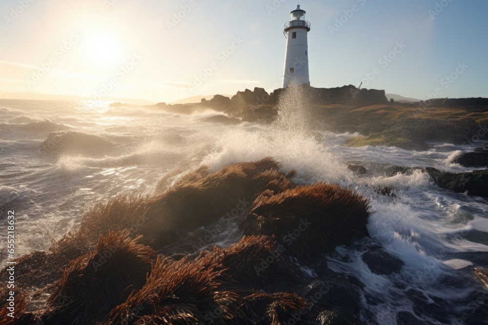 lighthouse with frosty beams, rough sea beneath