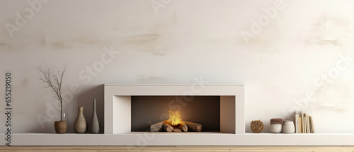White minimal apartment, room with fireplace. Scandinavian design.Holidays mockup with copyspace. Generative ai