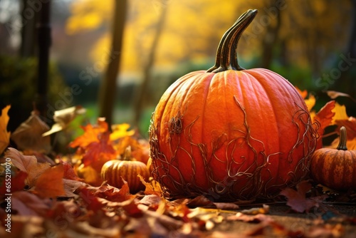 pumpkin against a background of colorful autumn foliage
