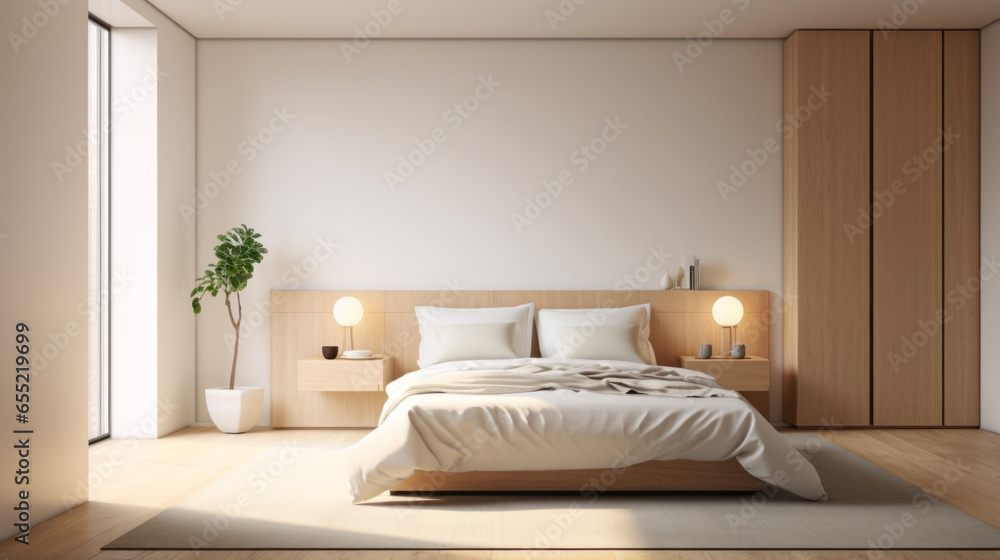 Fototapeta premium A minimalist bedroom with a platform bed, a low bench, and a large floor-to-ceiling window