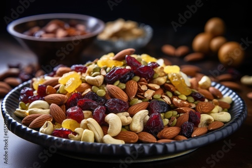 handful of mixed nuts and dried fruit on a dish