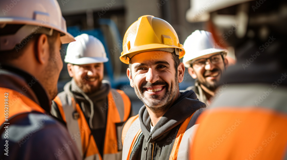 Happy of team construction worker working at construction site. Man smiling with workers in white construction industry. - obrazy, fototapety, plakaty 