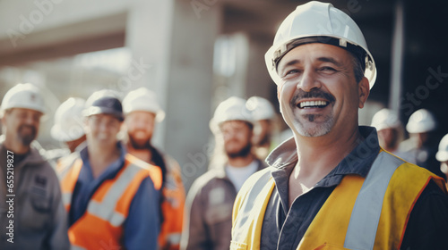 Happy of team construction worker working at construction site. Man smiling with workers in white construction industry. © Karol