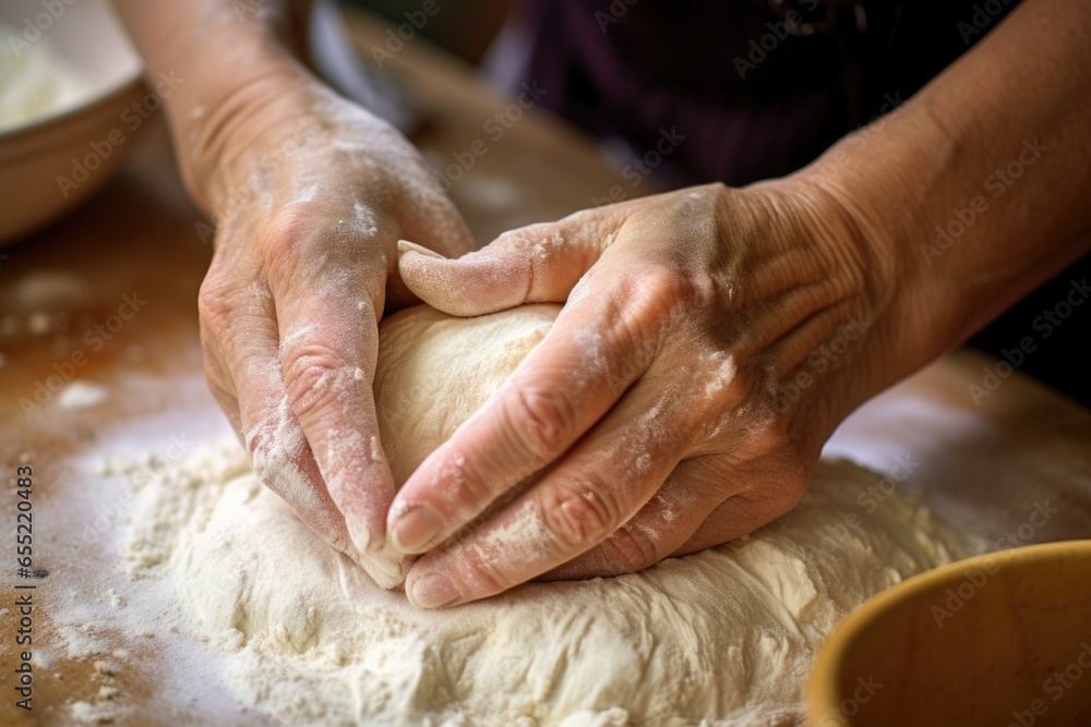 closeup of hands kneading dough for solstice bread