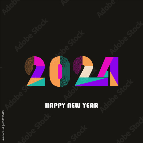 Happy new year 2024 design. With colorful truncated number illustrations. Premium vector design for poster, banner, greeting and new year 2024 celebration.