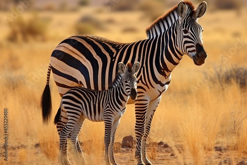 Adult zebra with young. Generative AI