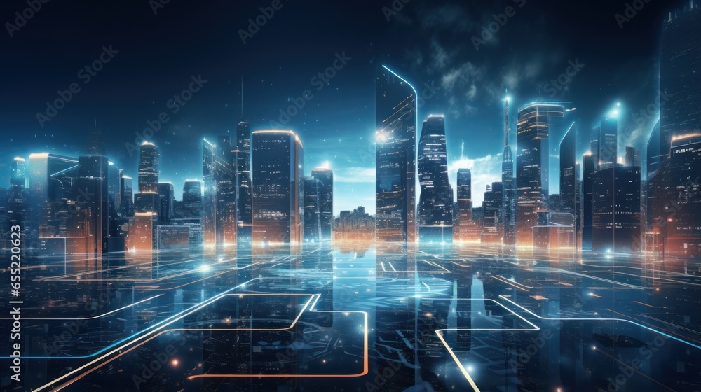 Futuristic Cybernetic Cityscape, Particle Swirls and Glowing Skyscrapers