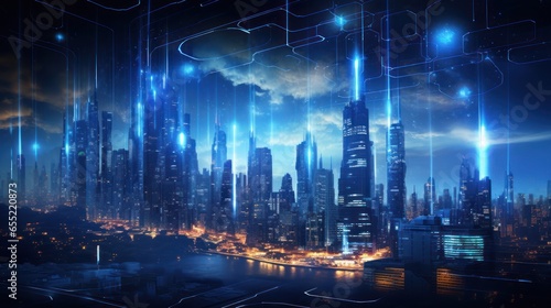 Futuristic Cybernetic Cityscape  Particle Swirls and Glowing Skyscrapers